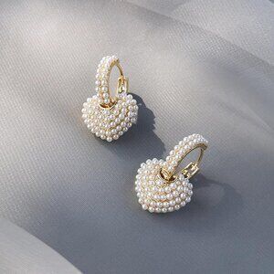 18K Gold Plated Pearl Hanging Heart Huggie Hoop Earrings